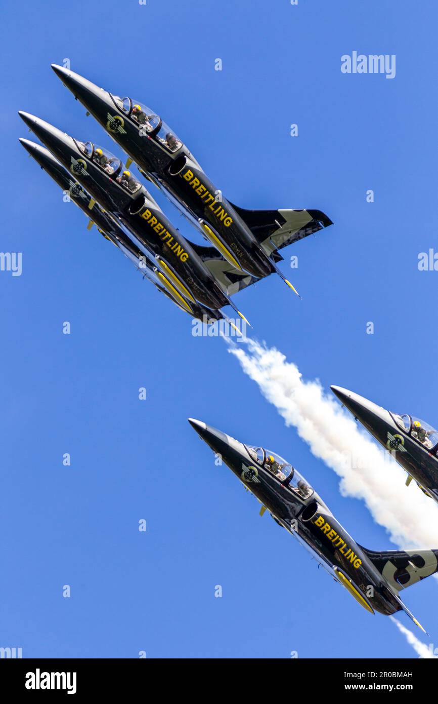 Breitling jet team formation close up with smoke trail Stock Photo