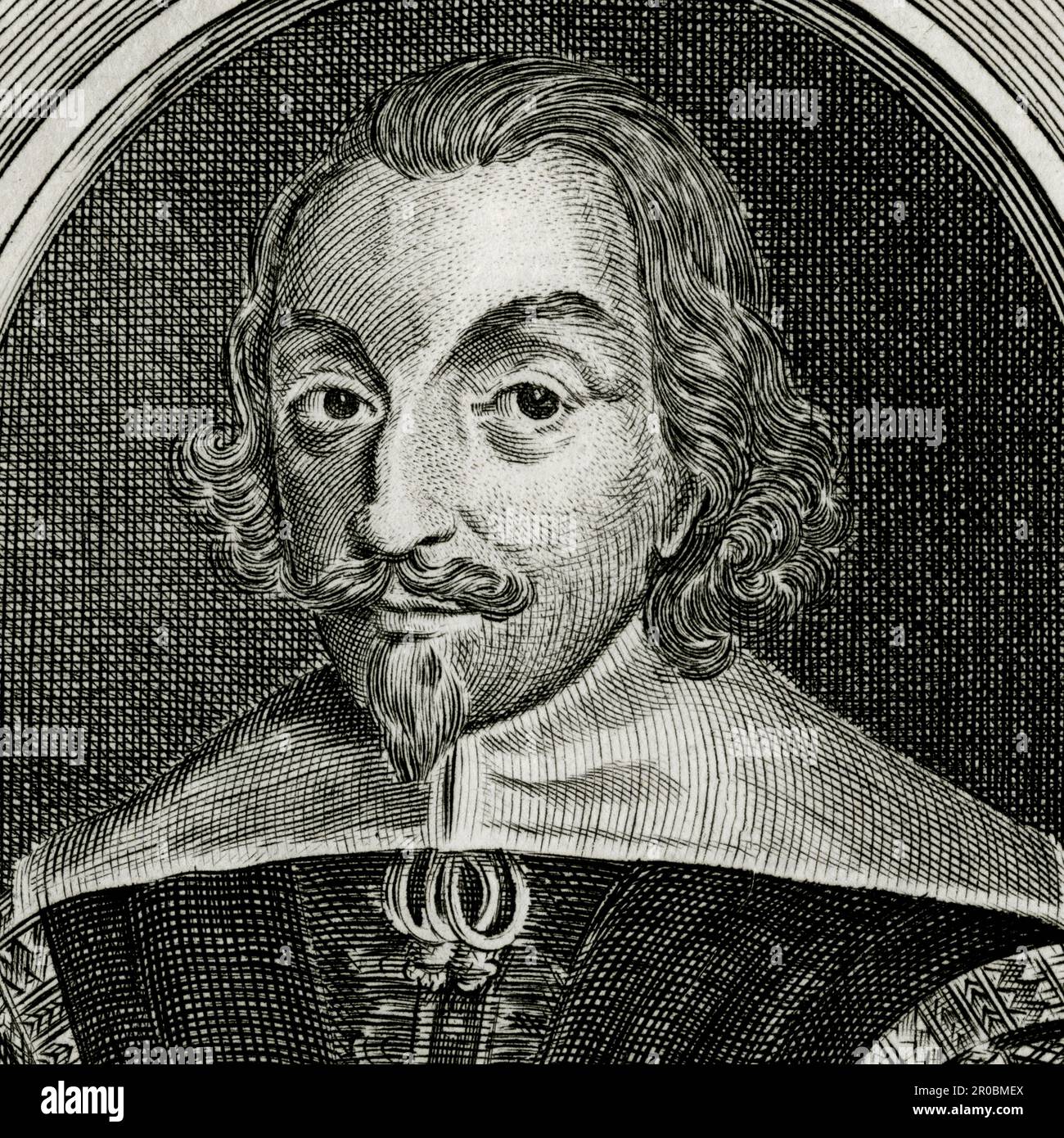 William Fiennes (1582-1662), 1st Viscount Saye & Sele, English Puritan, parliamentarian and privy counsellor, who earned the nickname 'Old Subtlety' for intrigue against the Crown prior to the English Civil War but, after the restoration of King Charles II in 1660, served as Lord Privy Seal. Square detail of an engraving created in the 1700s and used in the 1740 edition of Clarendon's Rebellion, the 'History of the Rebellion and Civil Wars in England' by Edward Hyde, Secretary of State for Foreign Affairs to King Charles I, who was later raised to the peerage as 1st Earl of Clarendon. Stock Photo