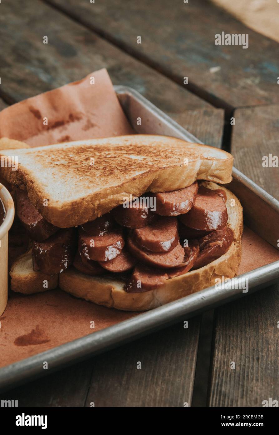 Smoked Sausage Sandwich at a Barbecue Restaurant Stock Photo Alamy