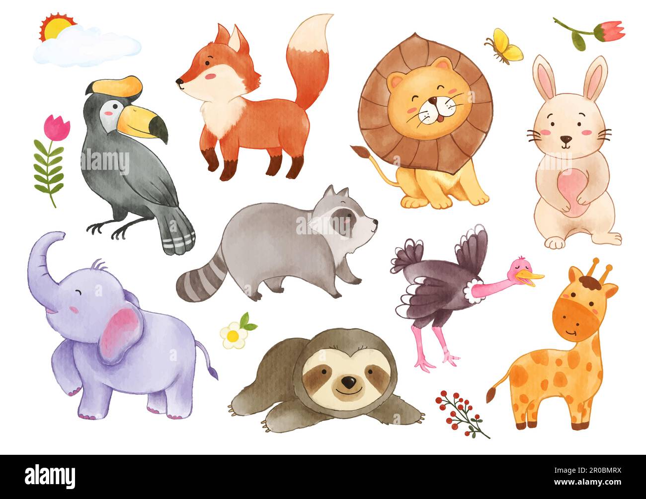 Collection of wildlife animals and plant elements . Watercolor painting Collection of wildlife animals and plant elements . Watercolor painting