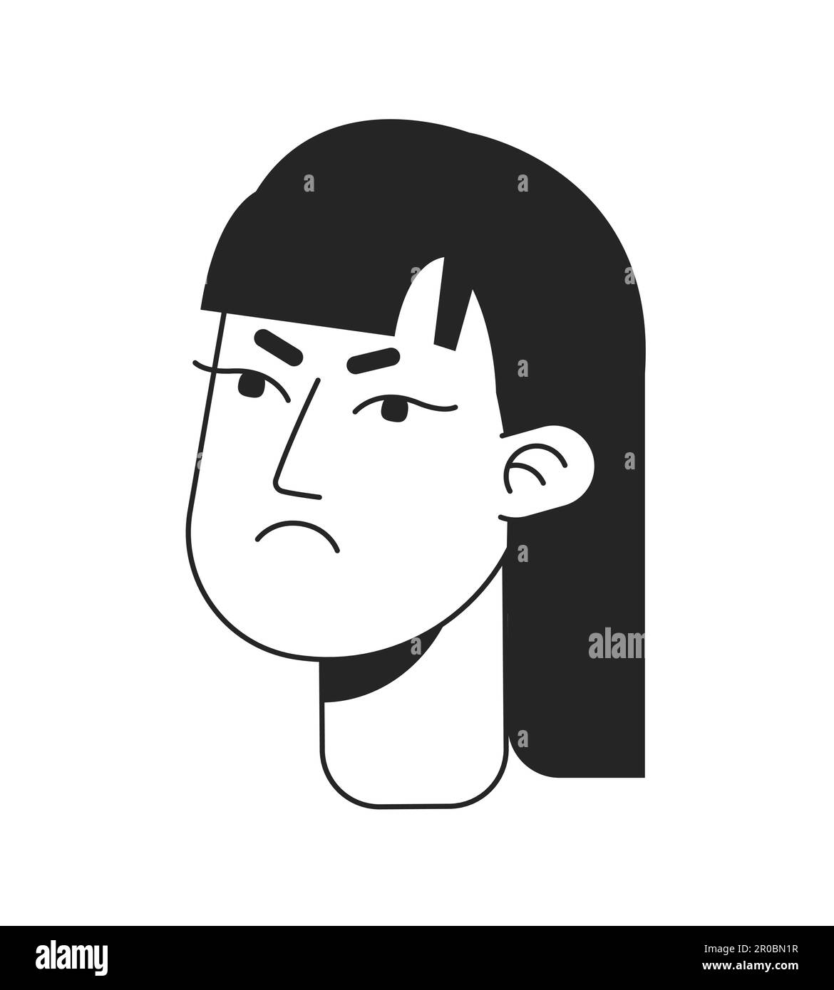 Grumpy girl frowning eyebrows monochrome flat linear character head Stock Vector