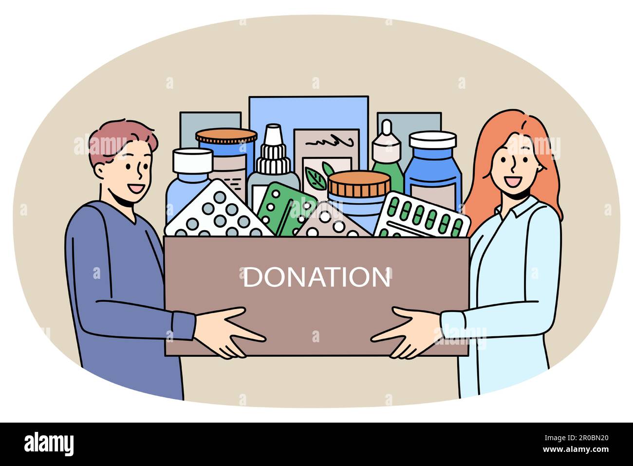 Smiling diverse people hold box with medications donate to poor needy