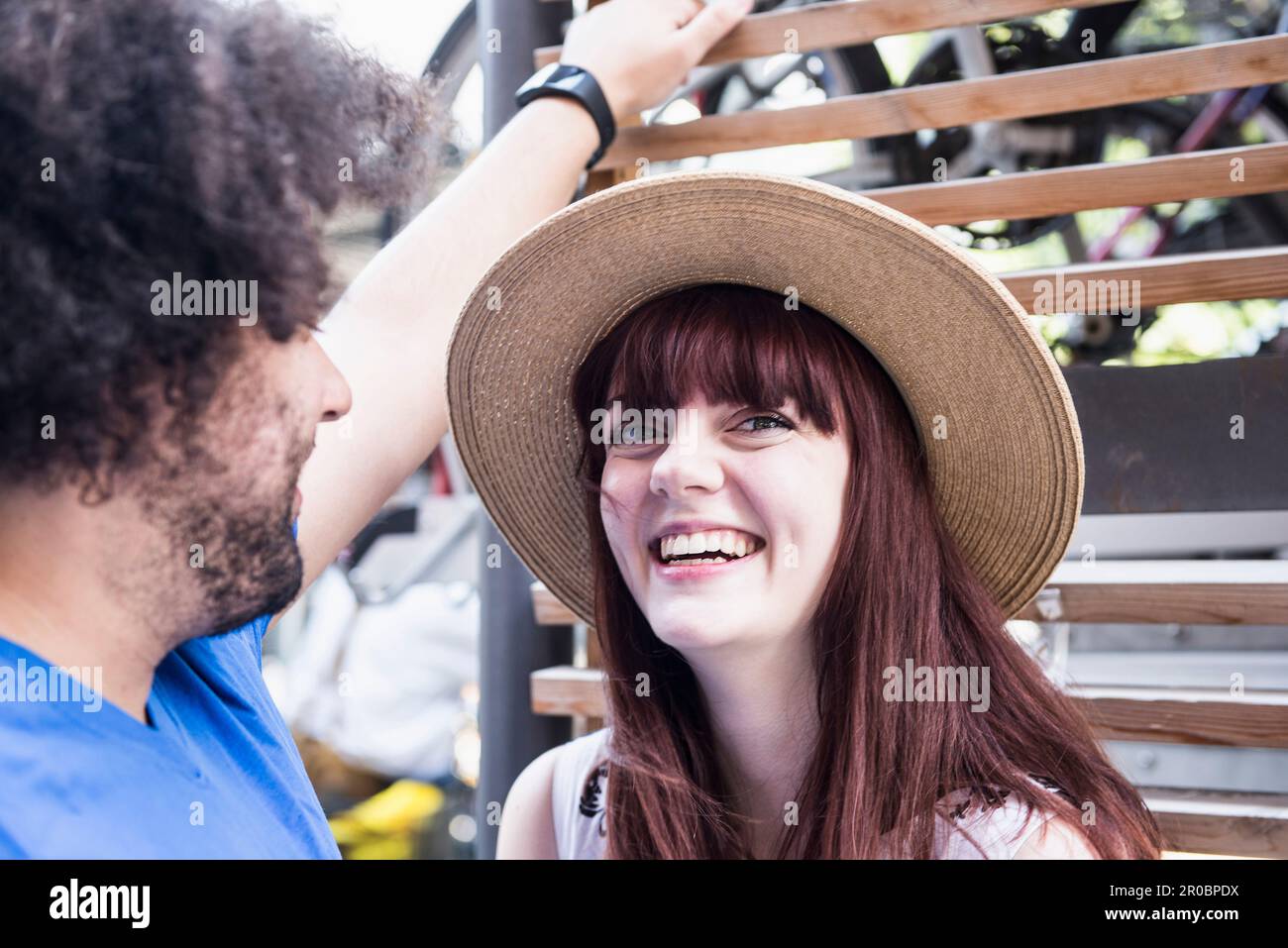 Happy young couple spending time outdoors Stock Photo