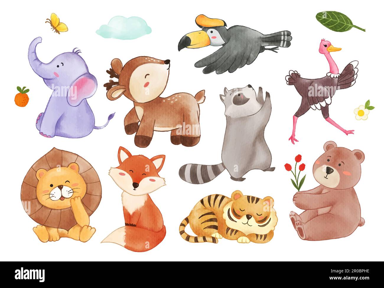 Collection of wildlife animals and plant elements . Watercolor painting Collection of wildlife animals and plant elements . Watercolor painting
