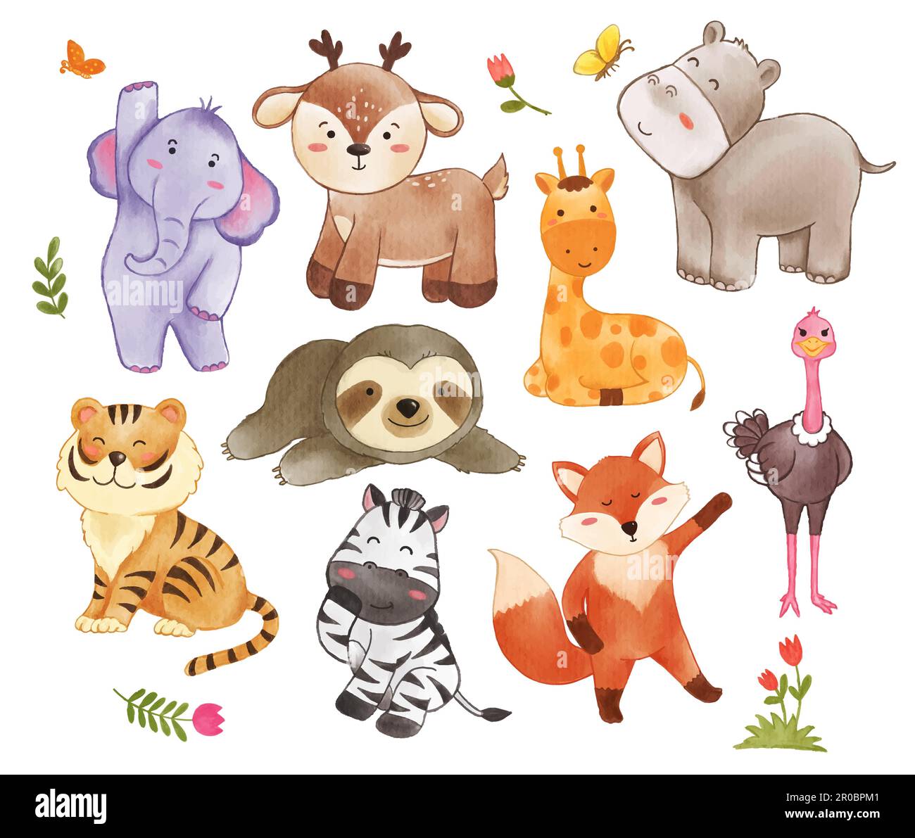 Collection of wildlife animals and plant elements . Watercolor painting cartoon character design . Vector . Stock Vector