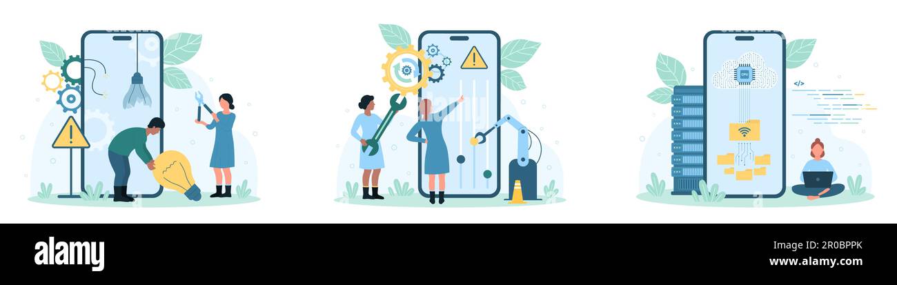 Repair service for mobile phone set vector illustration. Cartoon tiny technical workers fix smartphone with technic equipment and tools for recovery, people technicians work, change broken light bulb Stock Vector