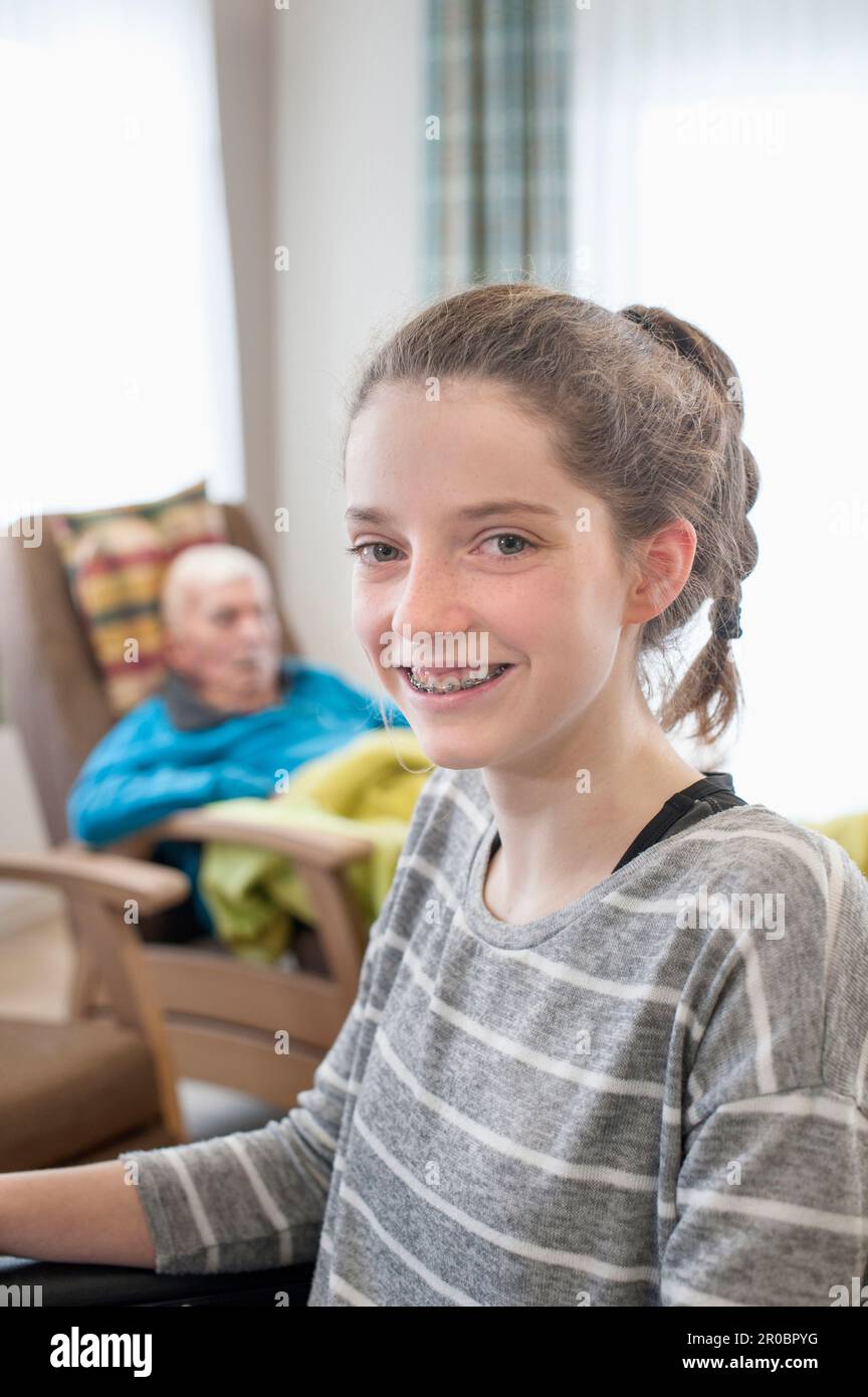 Portrait of happy girl in rest home Stock Photo