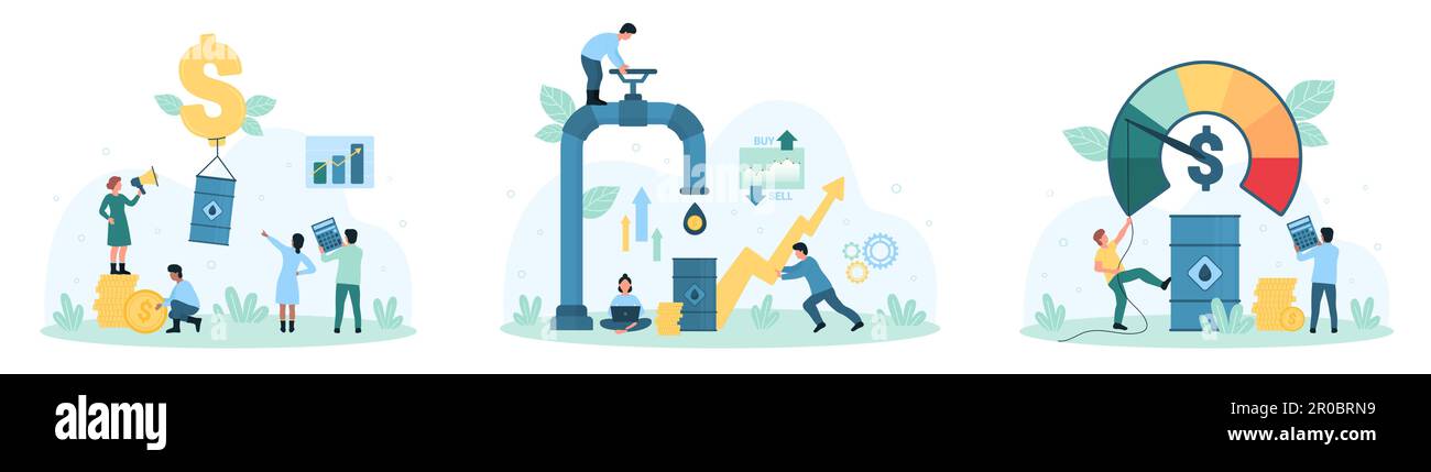 Oil price rise set vector illustration. Cartoon tiny people pull arrow on energy cost meter dashboard, open valve of crude oil pipeline in industry, barrel index flying up high in dollar balloon Stock Vector