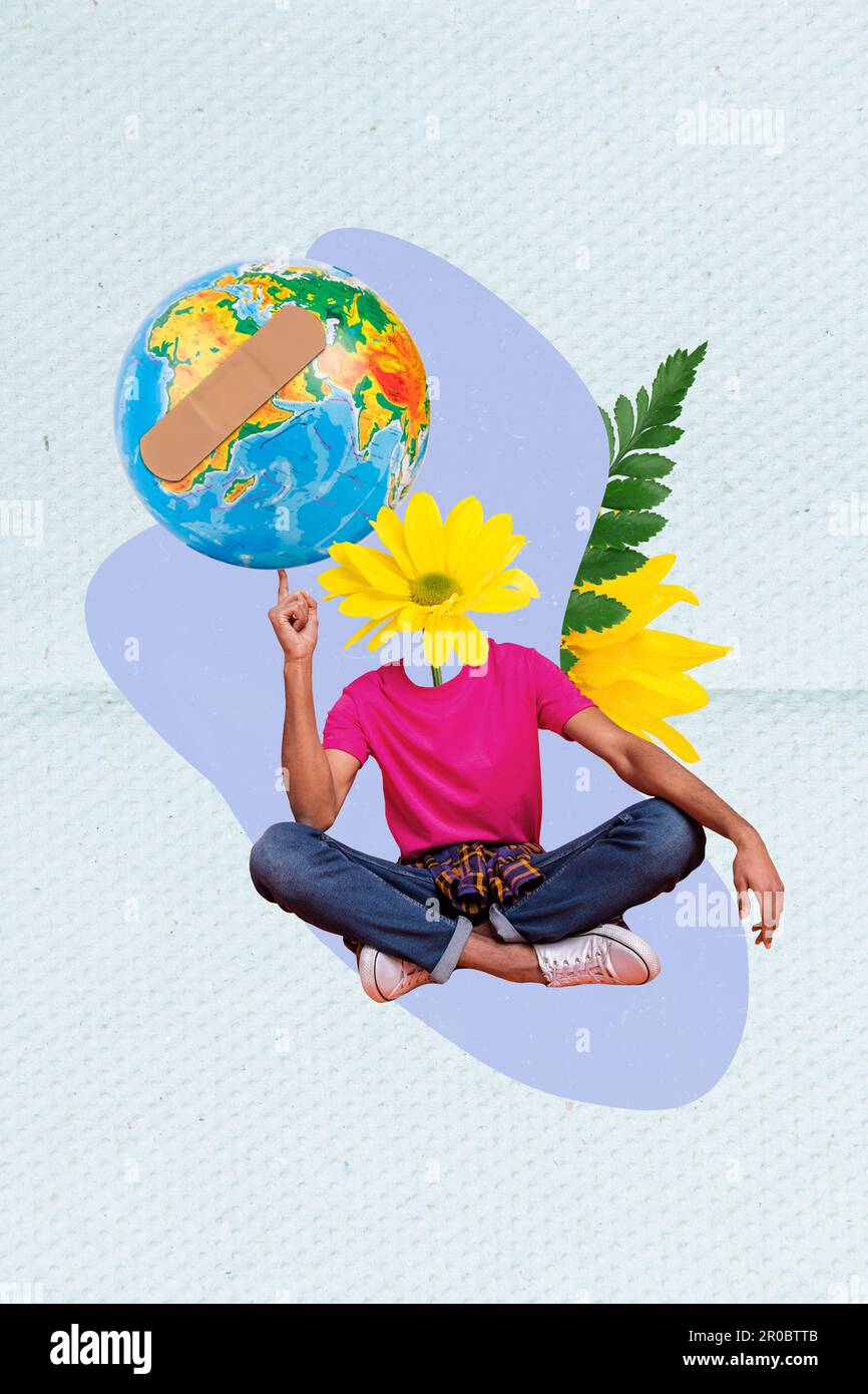 Vertical picture 3d collage of head daisy yellow flower person