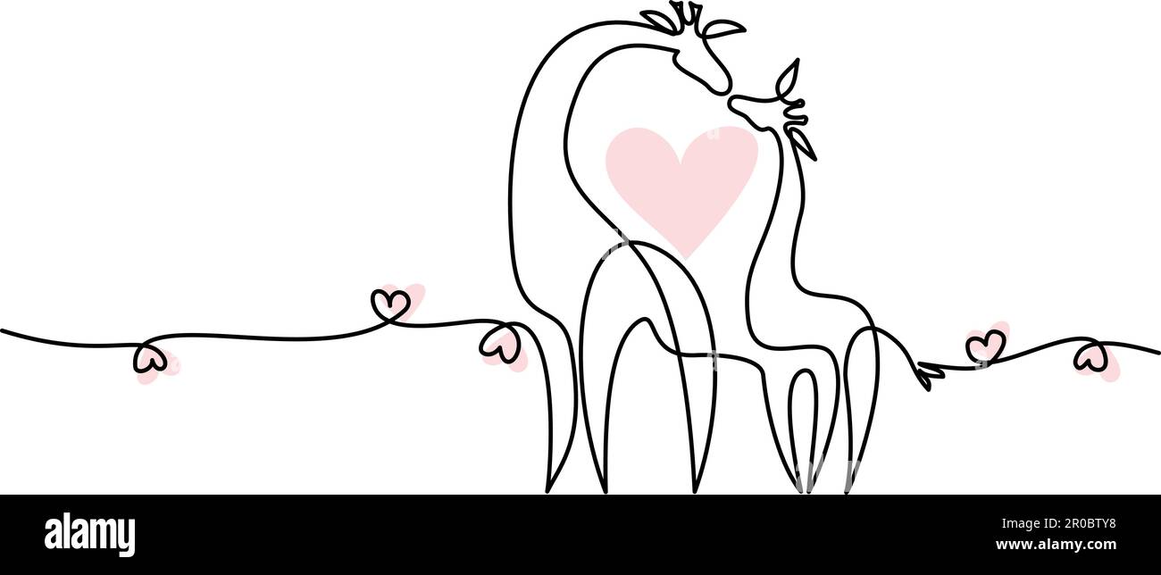Mothers day card. Continuous one line drawing. Giraffe with baby