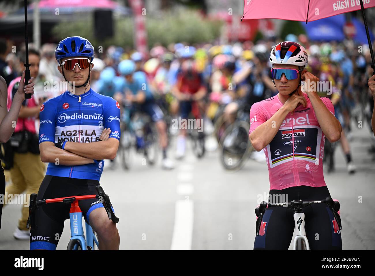 Melfi, Italy. 08th May, 2023. French Paul Lapeira of AG2R Citroen wearing the blue jersey and Belgian Remco Evenepoel of Soudal Quick-Step wearing the pink jersey (maglia rosa) of leader in the overall ranking pictured at the start of the third stage of the 2023 Giro D'Italia cycling race, 216km from Vasto to Melfi, in Italy, Monday 08 May 2023. The 2023 Giro takes place from 06 to 28 May 2023. BELGA PHOTO JASPER JACOBS Credit: Belga News Agency/Alamy Live News Stock Photo