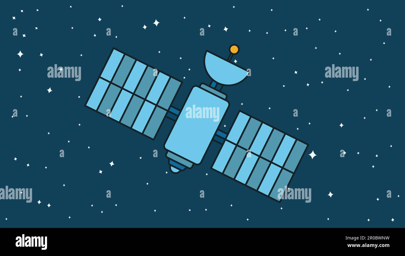 Satellite Illustration. Orbiting Space Station. Modern Cosmos Satellite. Vector Stock Vector