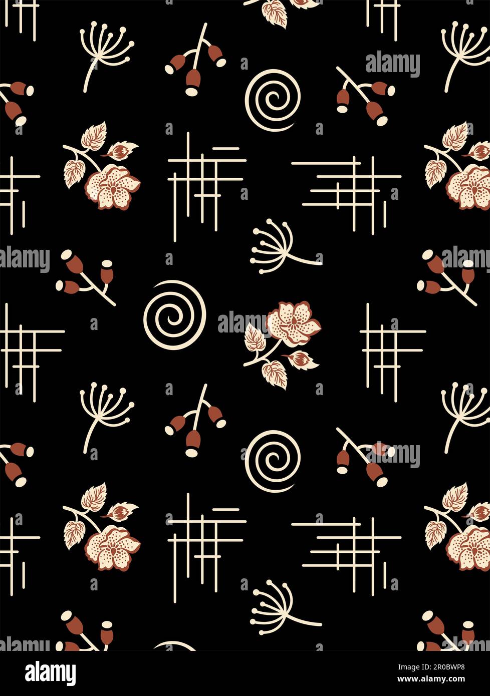 A seamless background with flowers and and golden patterns on black background Stock Photo