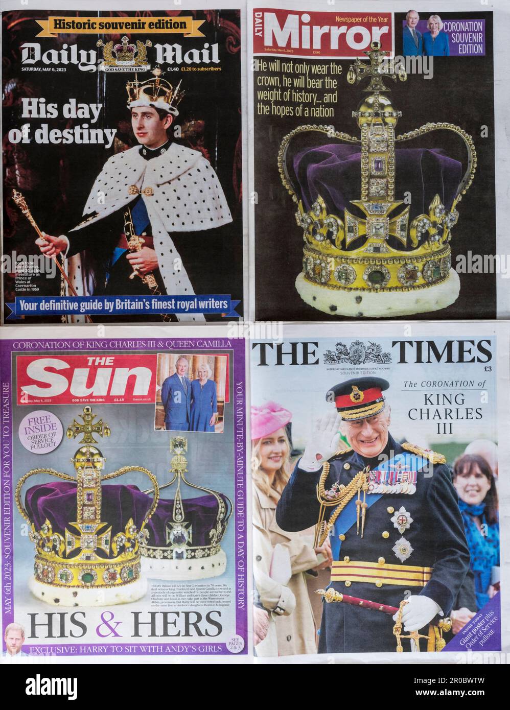 6 May 2023. The front pages of a selection of UK newspapers on the day of the coronation of King Charles III in Westminster Abbey. Stock Photo