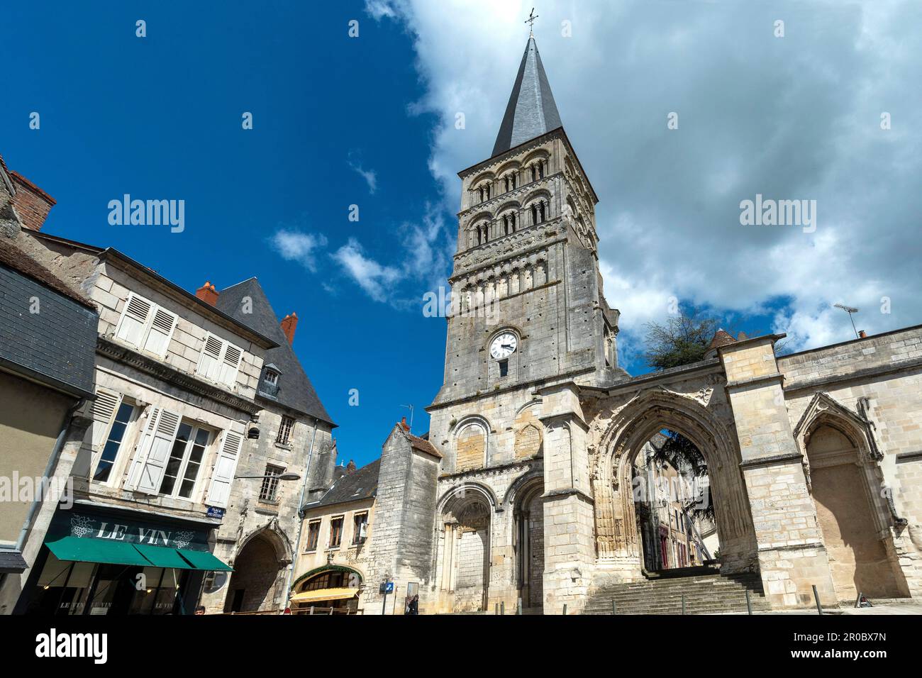 La Charité-sur-Loire. The Sainte-Croix tower-bell and the gothic gates. Nièvre department. Bourgogne-Franche-Comte. France Stock Photo