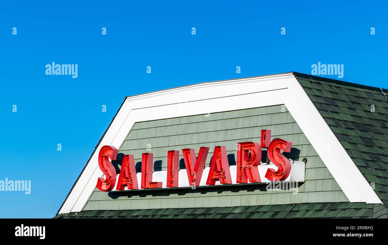 Detail image of the red neon sign at Salivar's in Montauk Stock Photo