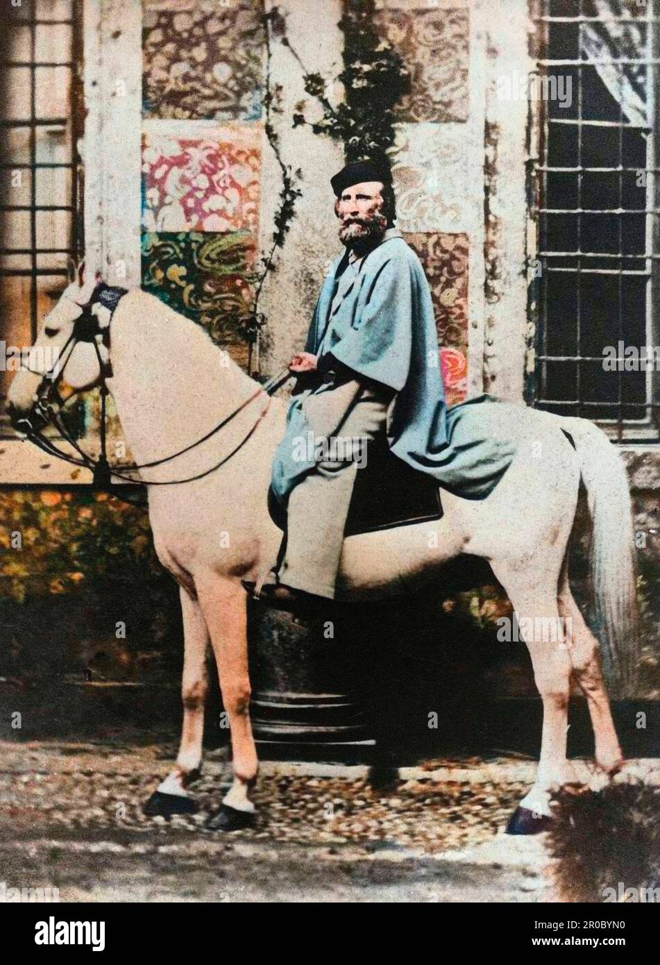 Giuseppe Garibaldi on the saddle of his white horse. 1860 - 'Portrait de Giuseppe Garibaldi (1807-1882)' Photographie. 19eme siecle. Stock Photo