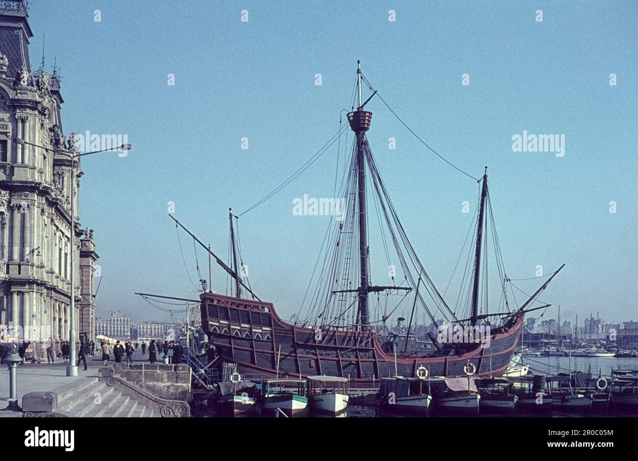 Port Vell with a replica of La Santa Maria, one of the ships used by  Christopher Columbus. Barcelona, Catalonia, Spain, 1965 Stock Photo