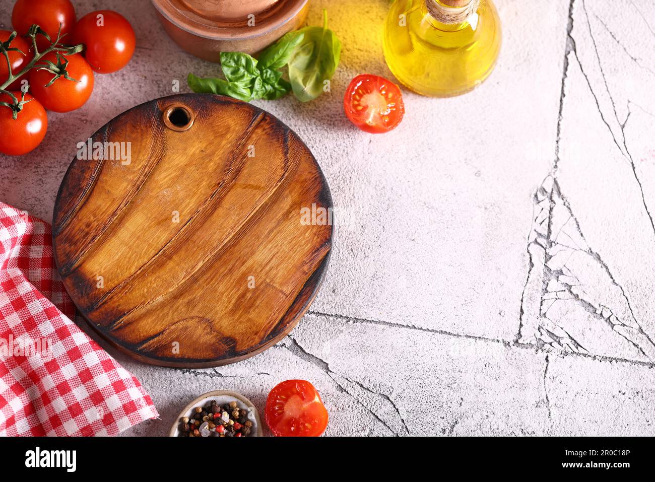 food background with wooden board tomatoes and basil Stock Photo - Alamy
