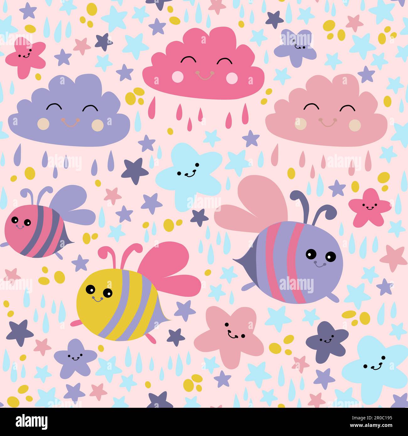 Cute colorful cloud smiling face seamless pattern background with bee ...