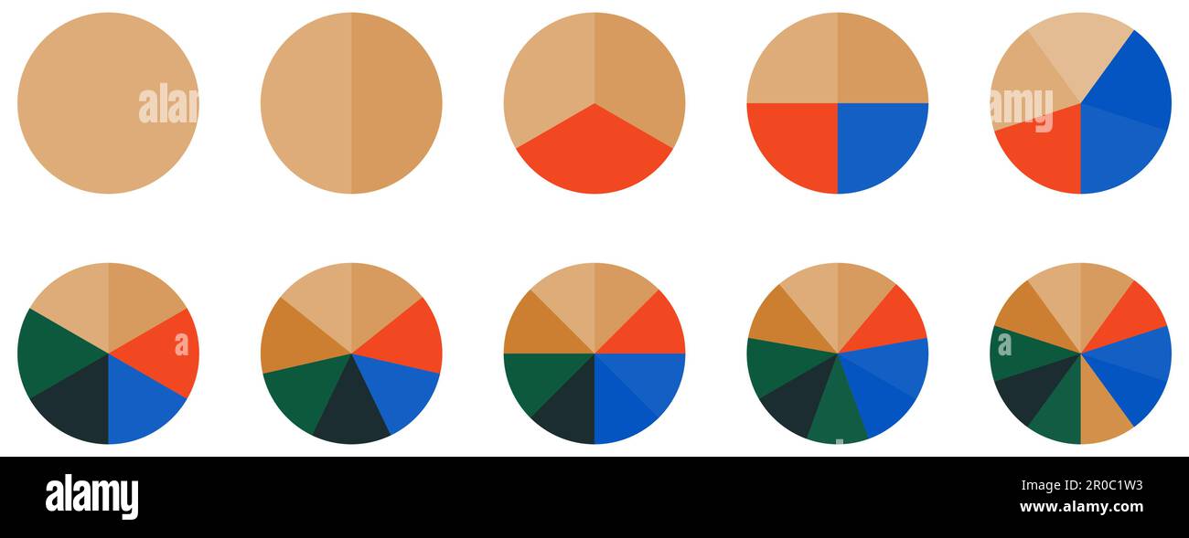 Set of circle pie chart signs. Colorful diagram with 10 sections