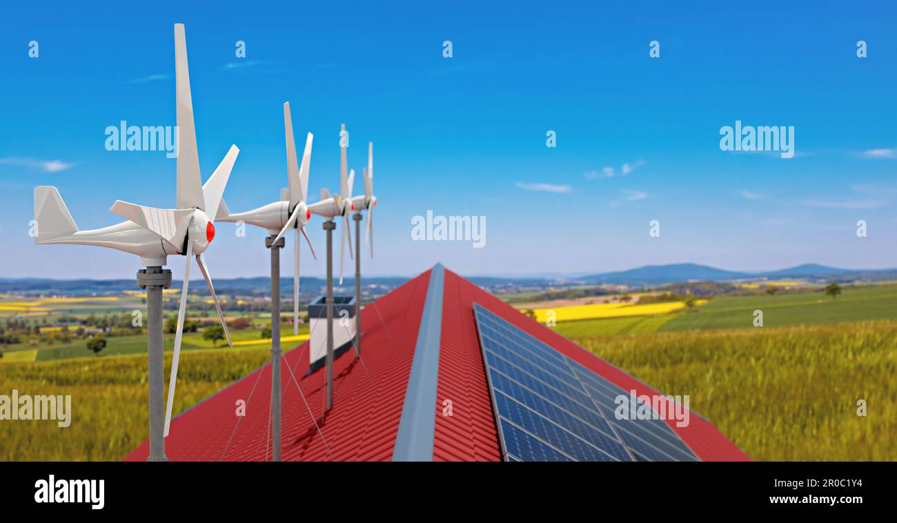 small wind turbines and solar power panels on the roof of a private ...