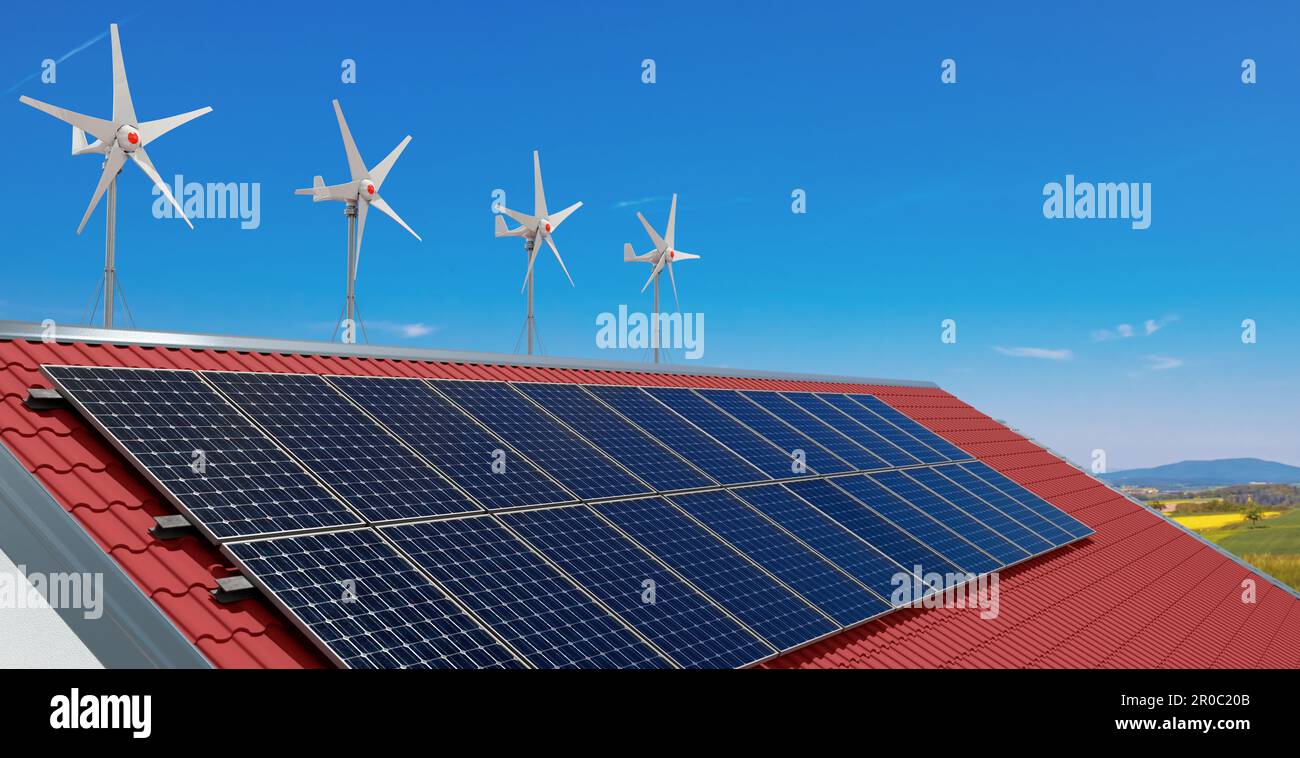 small wind turbines and solar power panels on the roof of a private house, 3D Illustration Stock