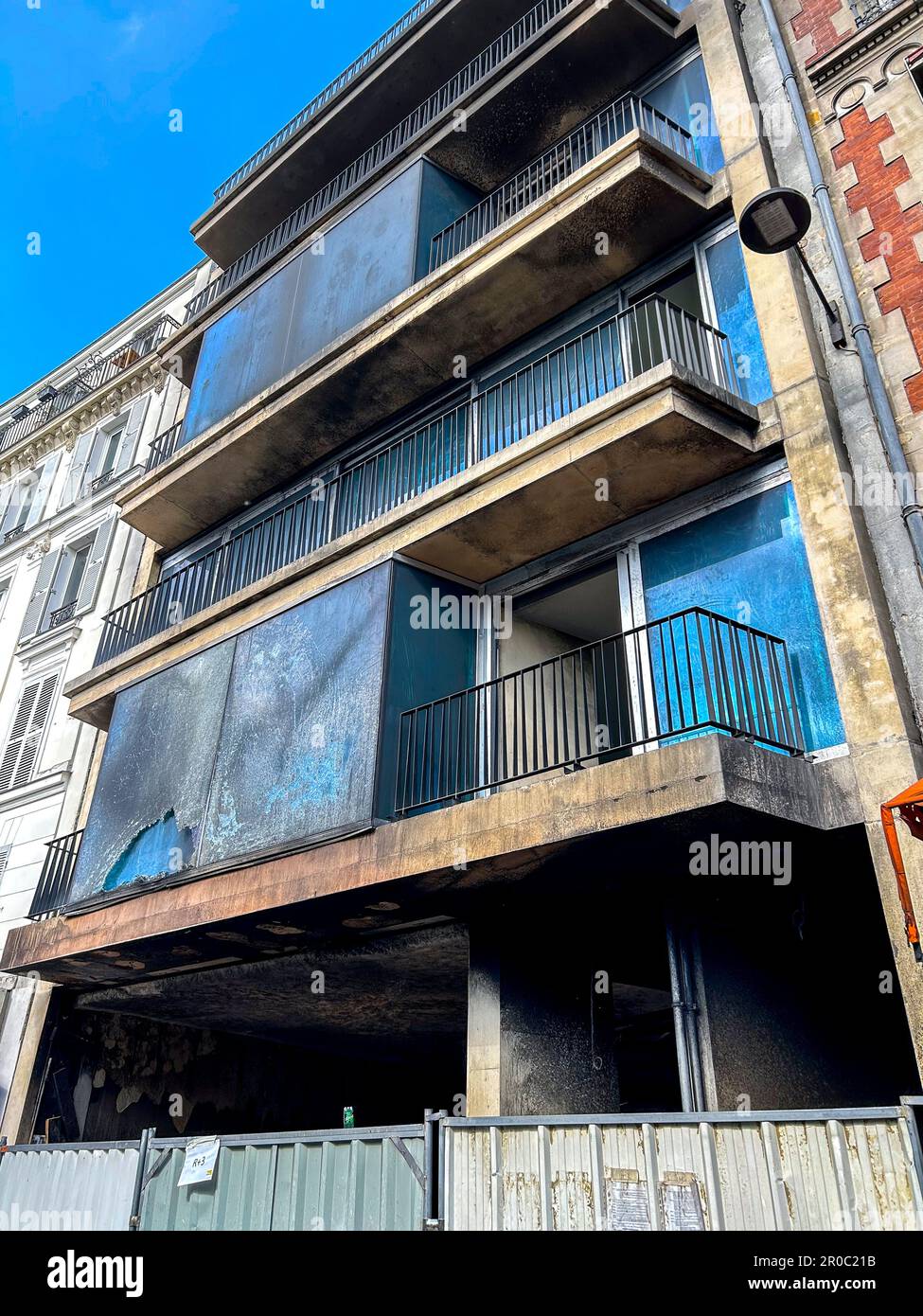 Paris, France, Fire Damage to New Apartment Building, CIty After Anti-Government, Anti-Macron, Anti-Retirement Law Reform Demonstrations, Stock Photo