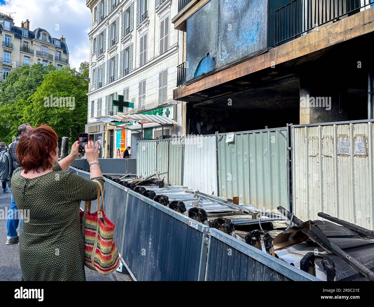 Paris, France, Fire Damage to Building, CIty After Anti-Government, Anti-Macron, Anti-Retirement Law Reform Demonstrations, Stock Photo