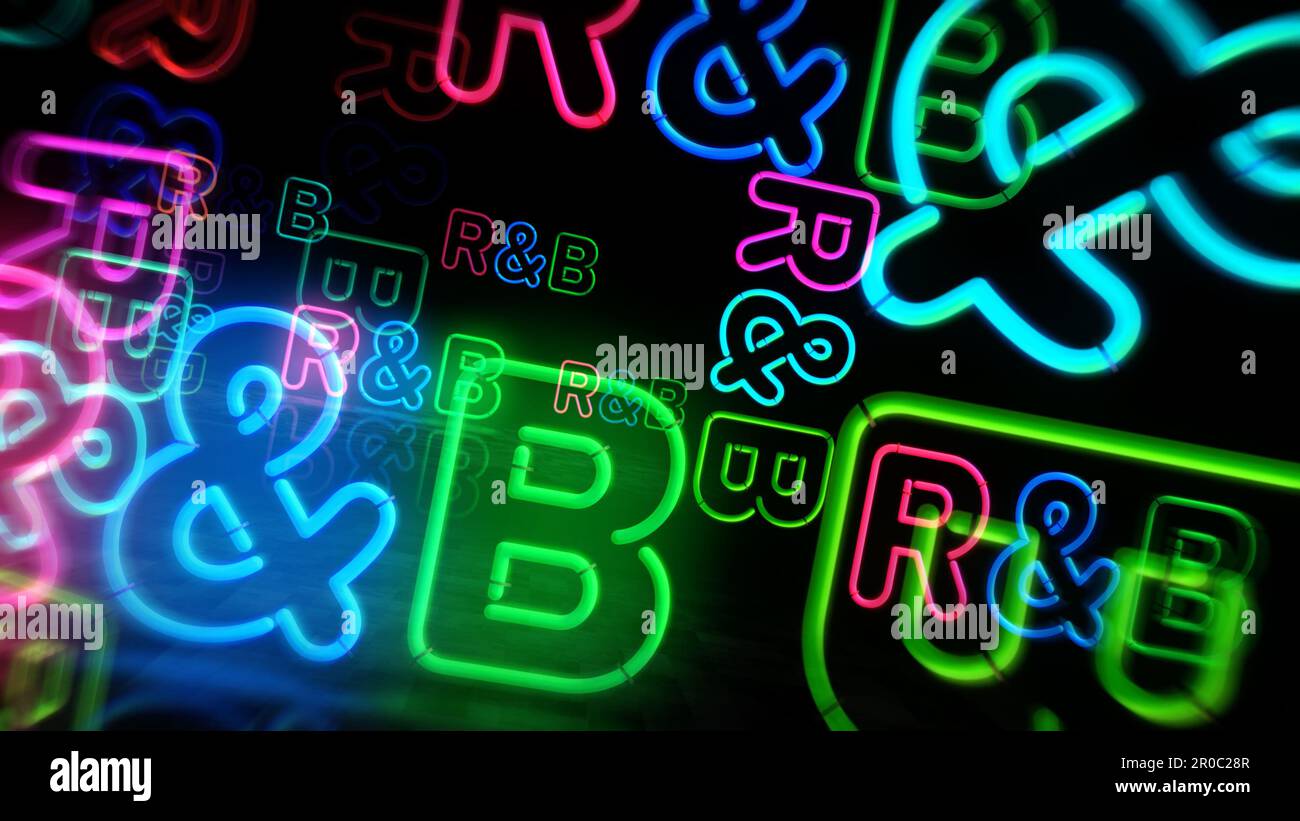 R&B Rhythm and blues neon symbol. Entertainment Rhythm and blues music
