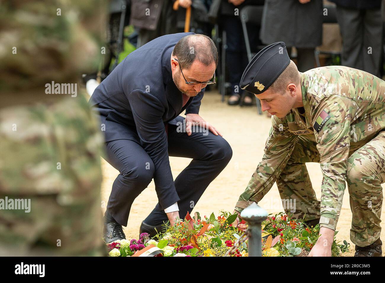 Brussels, Belgium. 08th May, 2023. Federal Minister Vincent Van Quickenborne pictured during the commemoration ceremony of the 78th anniversary of the end of the Second World War in Europe, at the Tomb of the Unknown Soldier, in Brussels, Monday 08 May 2023. Exactly 78 years ago, on May 8, 1945 at 3:00 pm, the European population learned that the Second World War was coming to an end. The German army signed their capitulation the night before and the Allies were victorious. With the end of this war, a new era started for Belgium, Europe and the world. BELGA PHOTO JAMES ARTHUR GEKIERE Credit: B Stock Photo