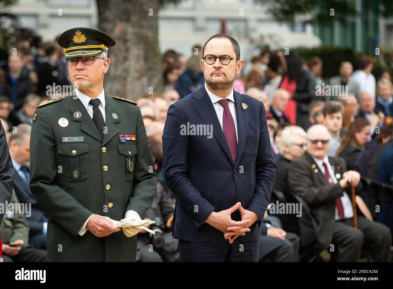 Brussels, Belgium. 08th May, 2023. Federal Minister Vincent Van Quickenborne pictured during the commemoration ceremony of the 78th anniversary of the end of the Second World War in Europe, at the Tomb of the Unknown Soldier, in Brussels, Monday 08 May 2023. Exactly 78 years ago, on May 8, 1945 at 3:00 pm, the European population learned that the Second World War was coming to an end. The German army signed their capitulation the night before and the Allies were victorious. With the end of this war, a new era started for Belgium, Europe and the world. BELGA PHOTO JAMES ARTHUR GEKIERE Credit: B Stock Photo
