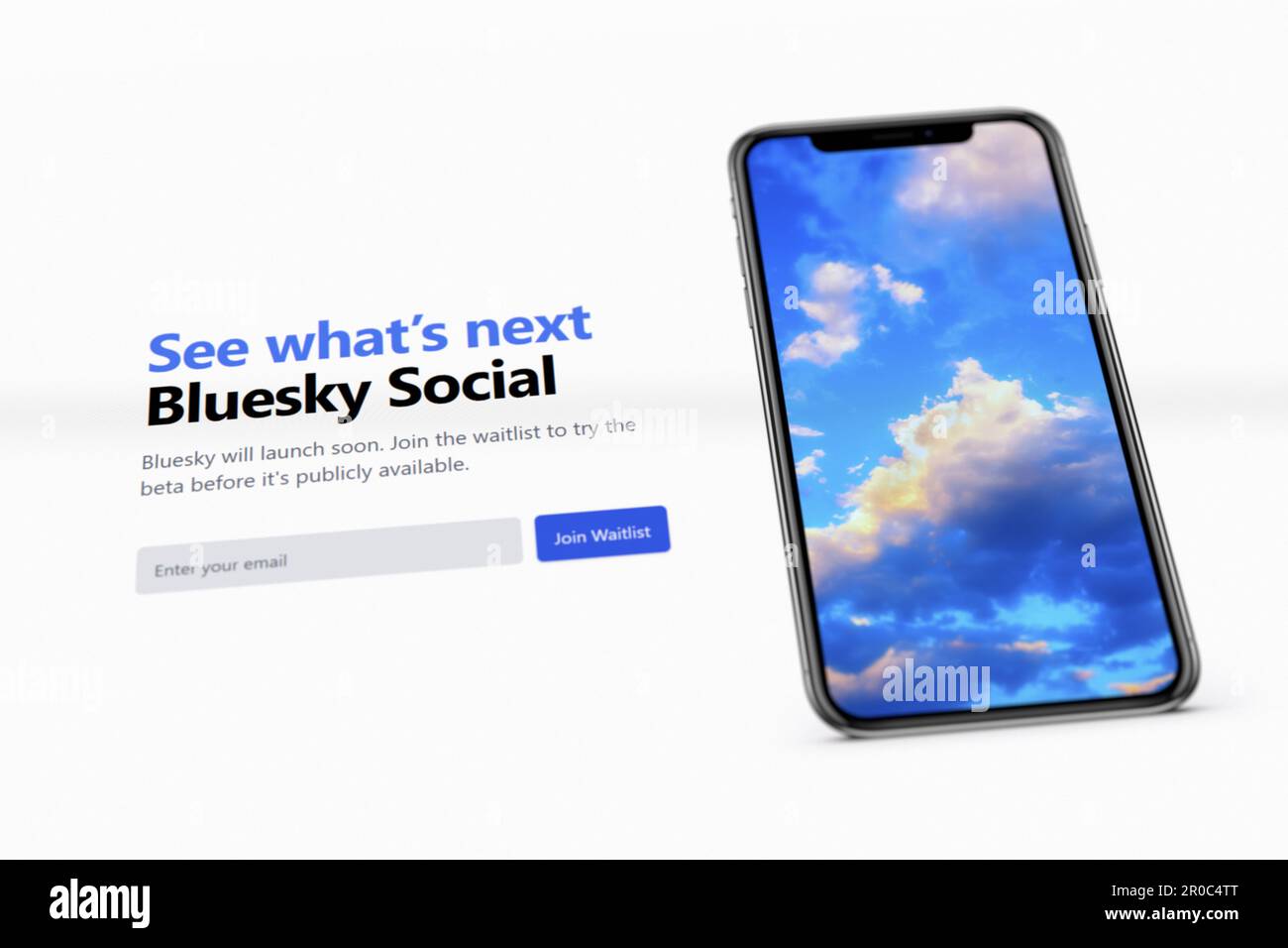 Photograph of a screen of the new social media site Bluesky Social. Selective focus. Stock Photo