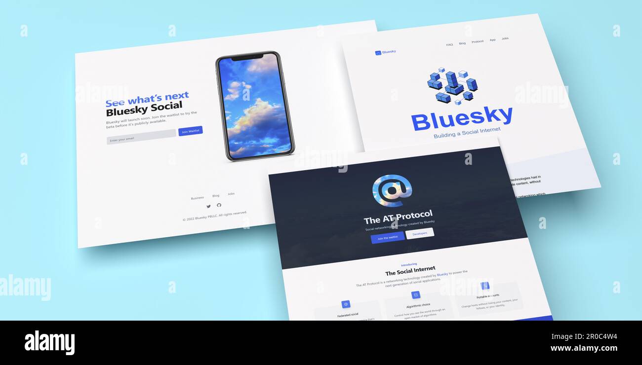Screens of the new social media site Bluesky Social and the corresponding 'at' protocol. Stock Photo