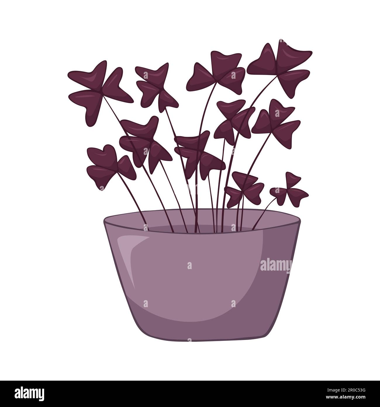 Hand drawn cute summer illustration of growing oxalis in pot. Flat vector home plant Isolated on white background. Stock Vector