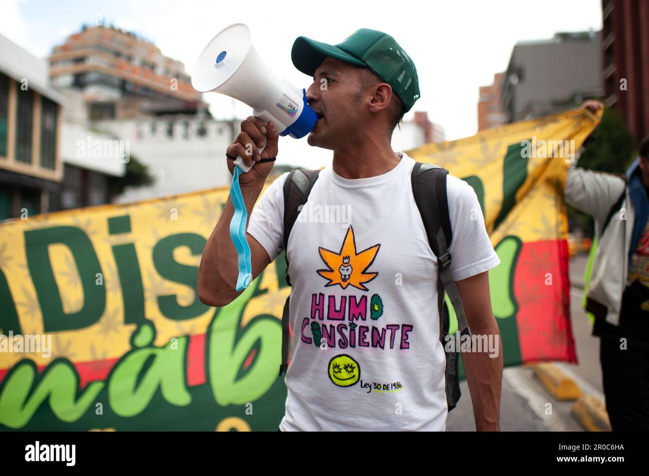 People demonstrate for the legalization of cannabis in Bogota, Colombia on May 6, 2023. Stock Photo