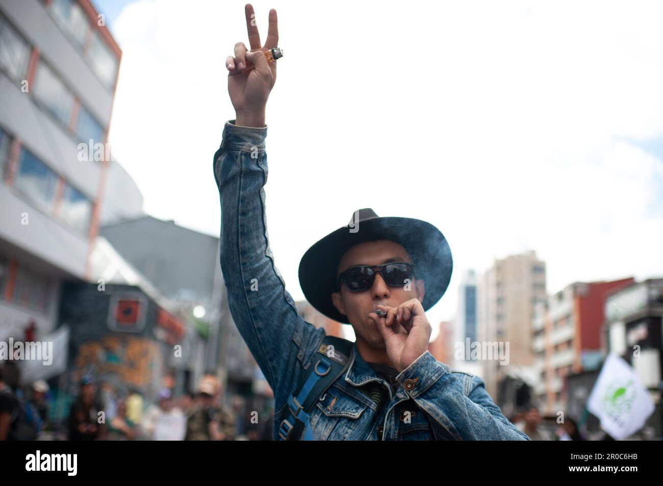 People demonstrate for the legalization of cannabis in Bogota, Colombia on May 6, 2023. Stock Photo