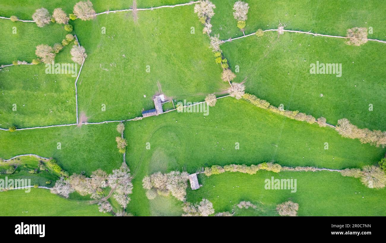 Field patterns in Wensleydale from a drone in Spring. Yorkshire Dales National Park, UK. Stock Photo