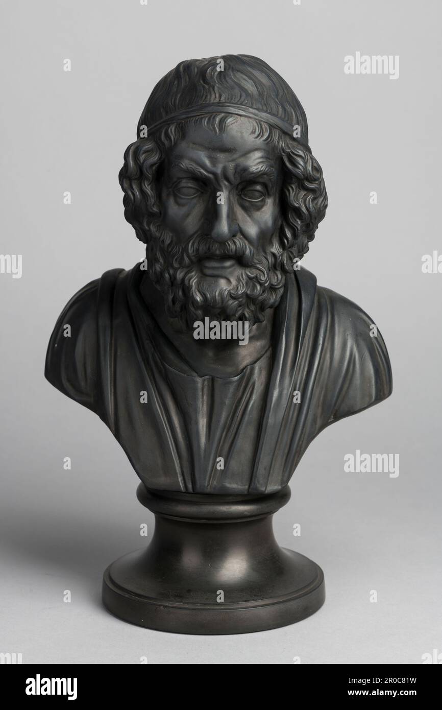 Sculpture1938M158. Homer, 1779-80. Basalt. Fine grained unglazed black stoneware.. Manufacturer: Wedgwood & Bentley.. In 1774 the firm of Oliver & Hoskins supplied Wedgwood with a plaster cast of Homer based on a sculpture in Naples Museum. The bust was reworked by William Hackwood, Wedgwood's modeller. Stock Photo