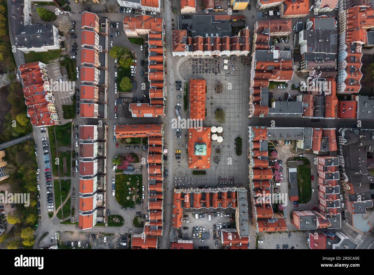 Jelenia Góra, Lower Sielesia, Poland: Aerial photo captures the vibrant market square of Jelenia Góra city. Stock Photo