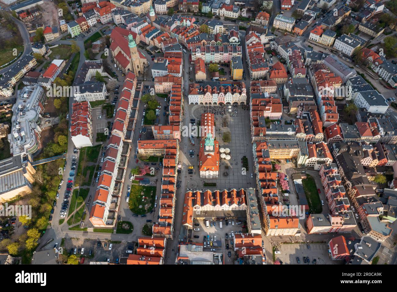 Jelenia Góra, Lower Sielesia, Poland: Aerial photo captures the vibrant market square of Jelenia Góra city. Stock Photo