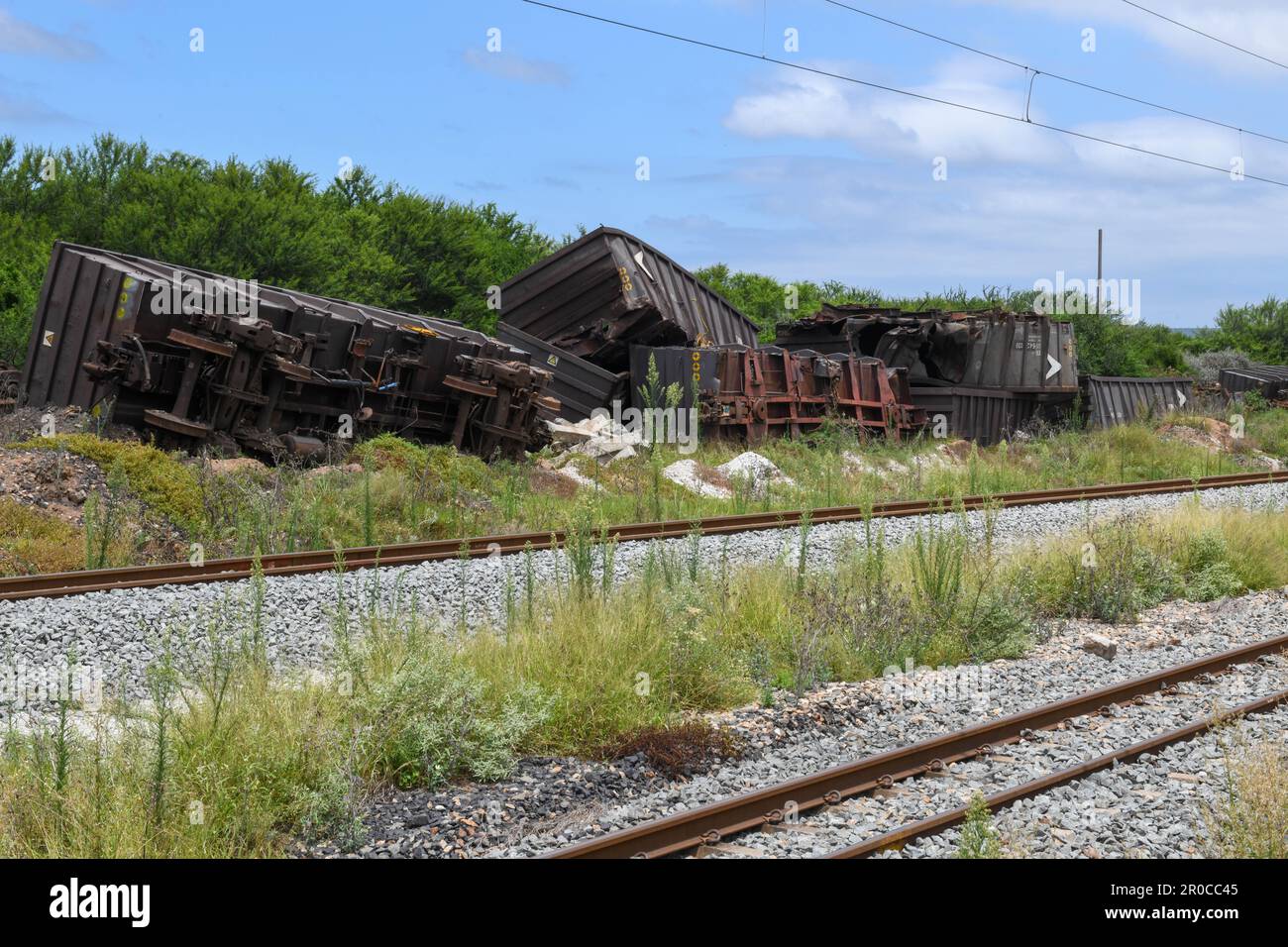Abandoned train carriages near the tracks at Addo Elephant National ...