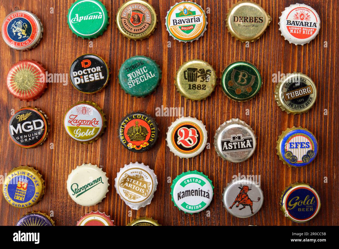 Tyumen, Russia-February 15, 2023: Set of beer caps. A mix of various ...