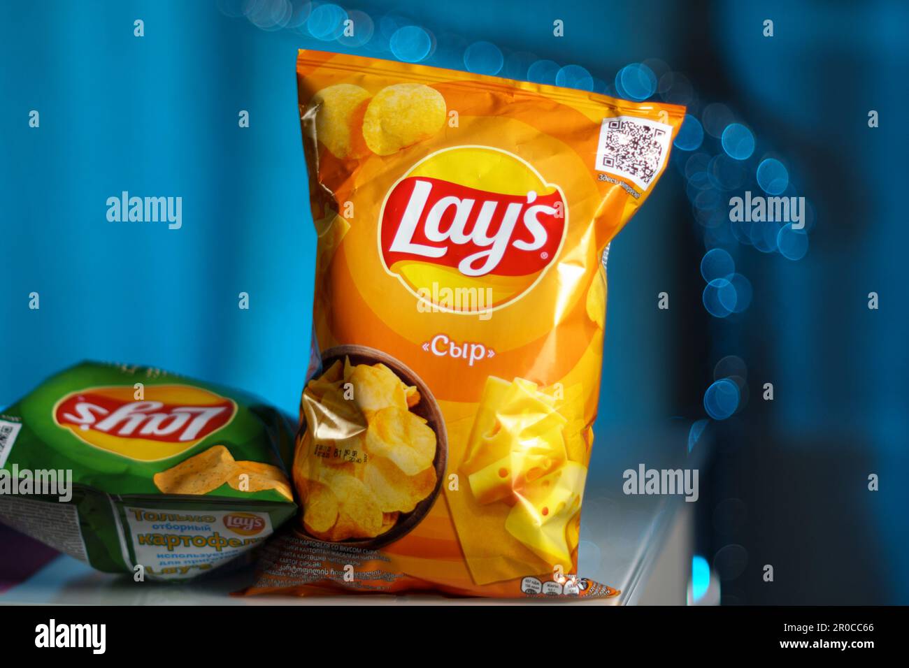 Tyumen, Russia-January 06, 2023: Lays potato chips bar, cheese flavored ...