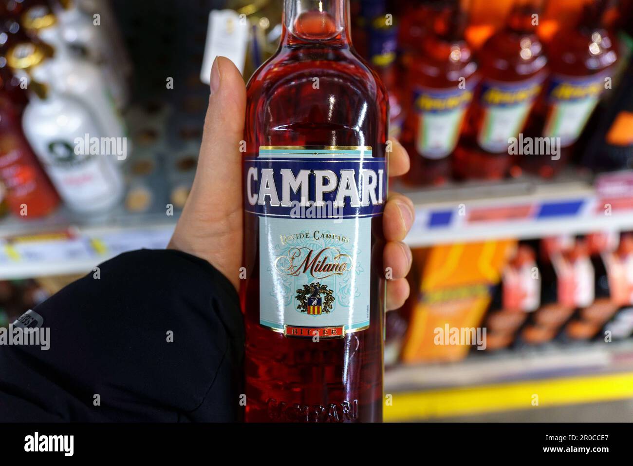 Tyumen, Russia-March 17, 2023: Battle of Campari, an alcoholic liqueur containing herbs and fruit. Davide Campari Milano S.P.A. Gruppo Campari Stock Photo