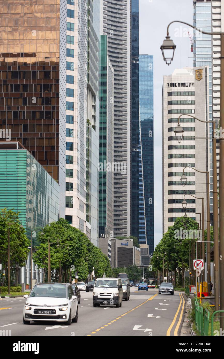 Street view of office buildings and skyscrapers in Singapore. Stock Photo