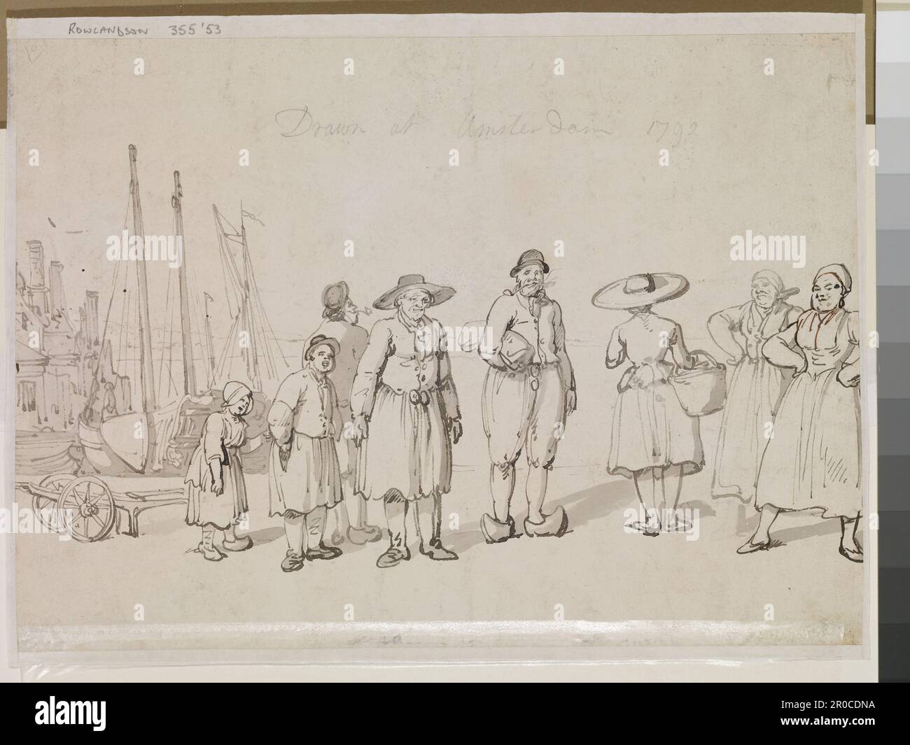 Verso. Sketch of Dutch fisherfolk, Amsterdam, 1792. Thomas Rowlandson.  On verso: Sketch of Dutch fisherfolk and inscribed by the artist, 'Drawn at Amsterdam 1792'. Recto: Pier at Amsterdam. Stock Photo