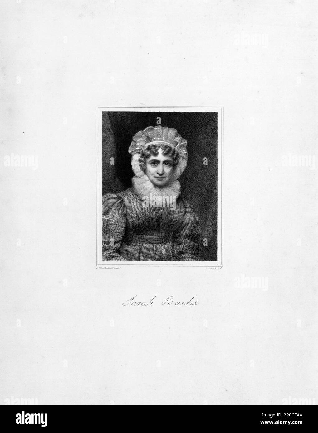 Engraving - Portrait of Sarah Bache (fl.1840), 1844. Engraver: Thomas Garner. After: Frederick Cruickshank.  Sarah Bache was a hymn writer from Handsworth (Birmingham). Frederick Cruickshank's original painting was made in 1838. The engraving of the painting was made after Sarah Bache's death (in 1844). Stock Photo