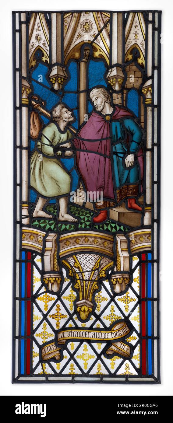 I was a stranger and ye took me in, 1850-55. Bottom section of stained glass window in two parts. From the chapel of Union Workhouse, Summerfield Hospital, Dudley Road, Birmingham.. Manufacturer: Chance Brothers & Co Stock Photo