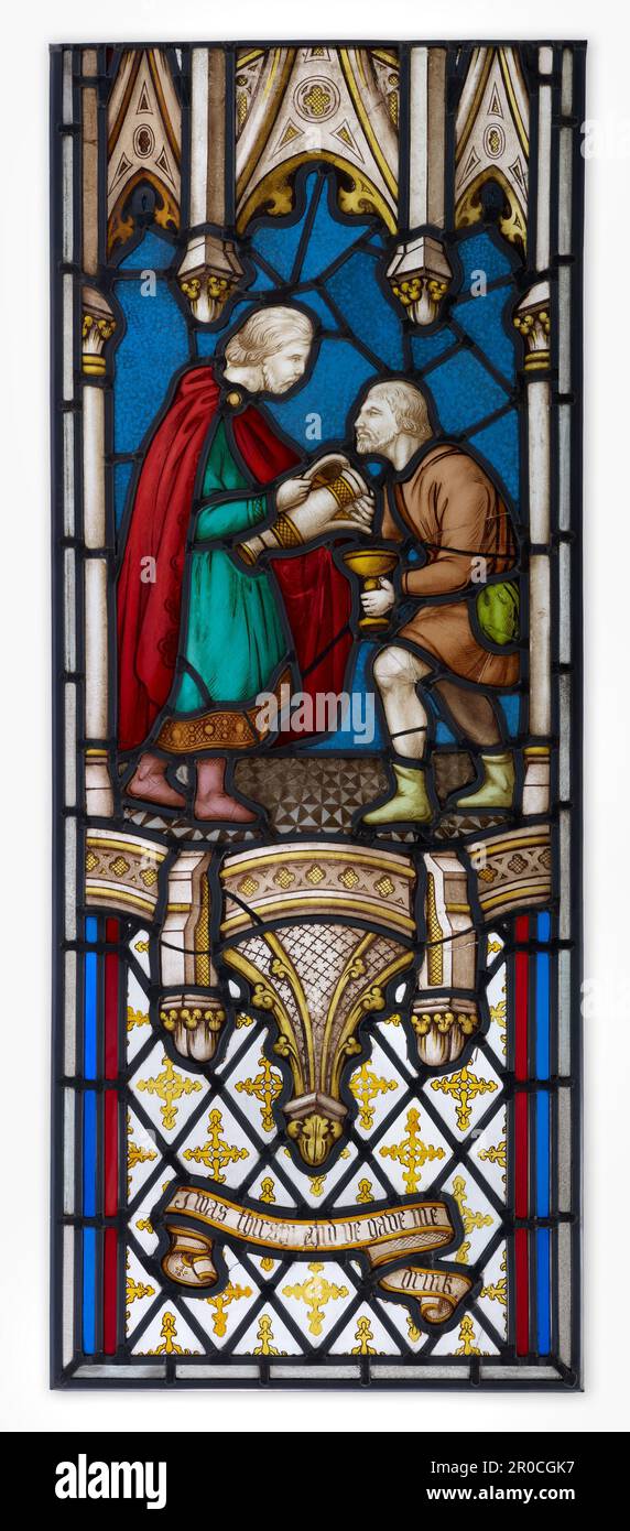 I was thirsty and ye gave me to drink, 1850-55. Bottom section of stained glass window in two parts. From the chapel of Union Workhouse, Summerfield Hospital, Dudley Road, Birmingham.. Manufacturer: Chance Brothers & Co. . Stock Photo